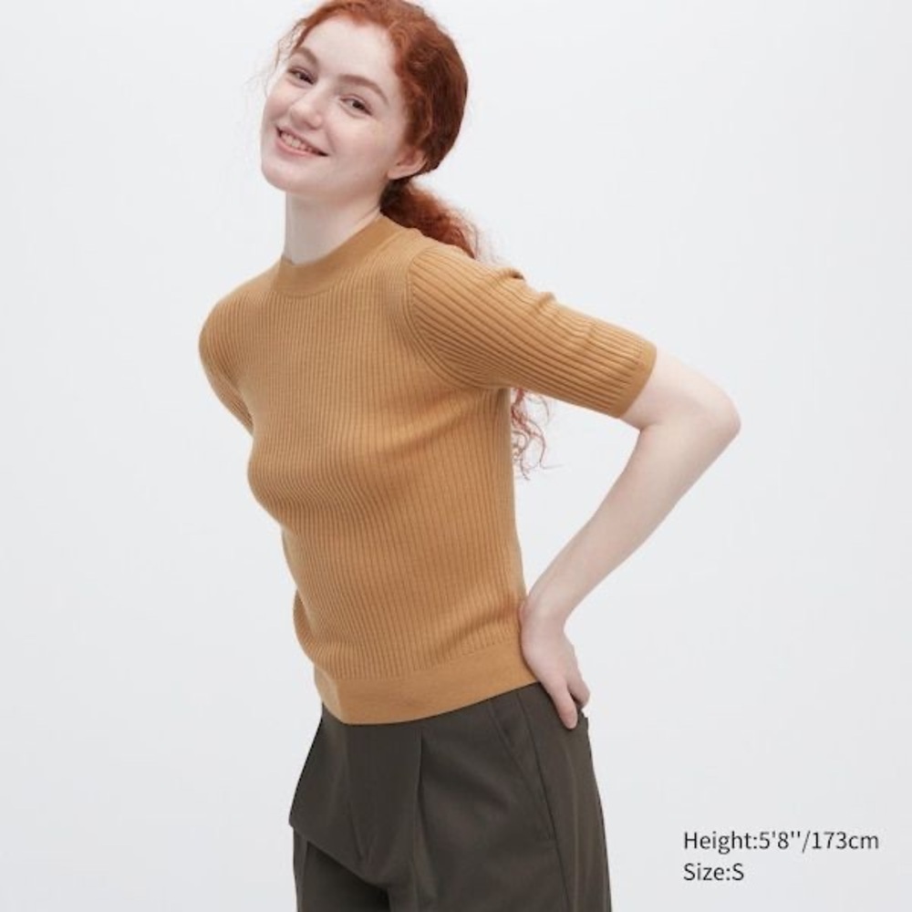HALSTON | Heritage Brown Ribbed Short Sleeve Tee Extra Fine Merino Wool